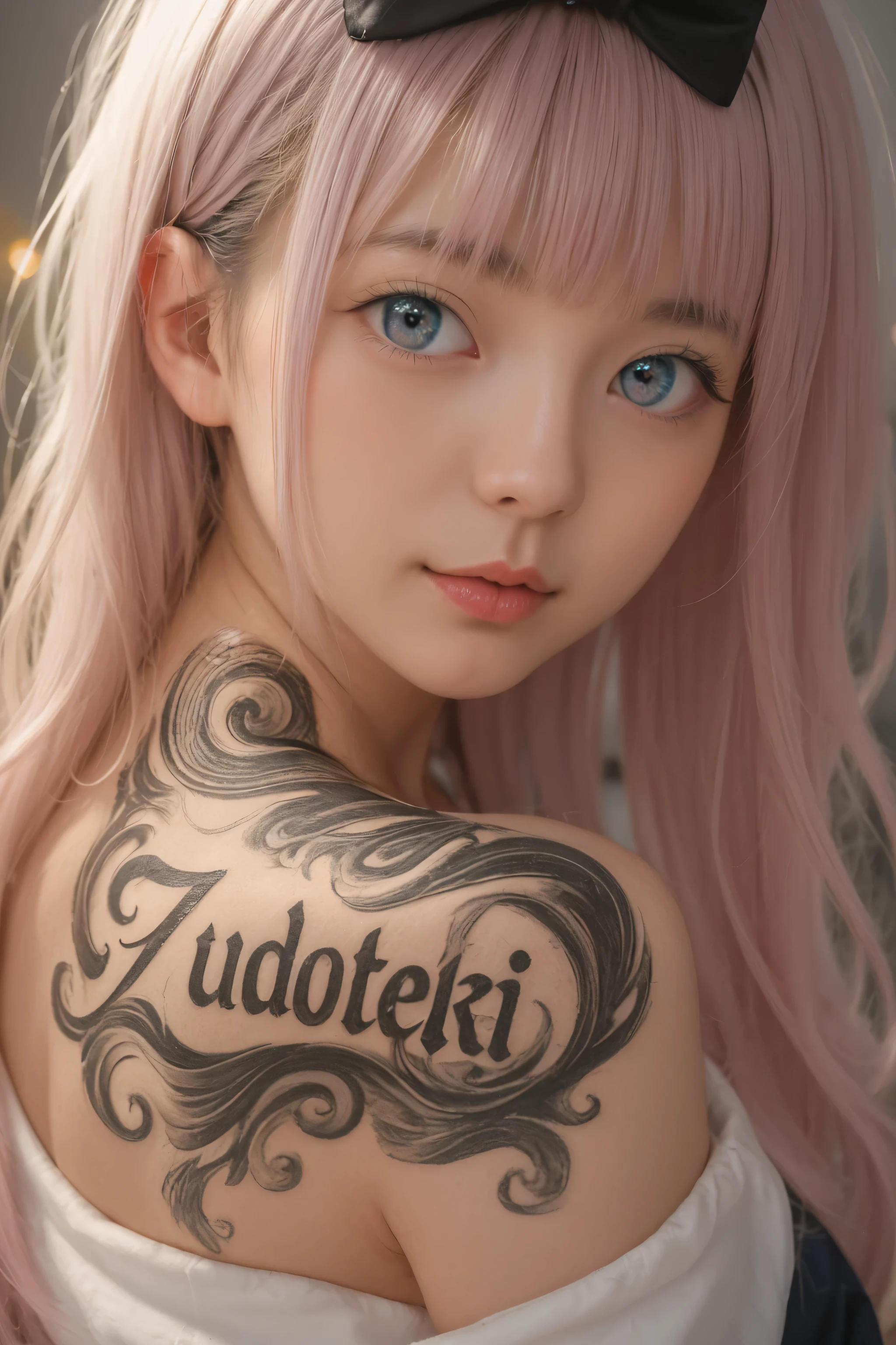 Georgeous, Beautiful, Cutes, Baby Face, 20 Years Old, White Skin, Sleeveless, Cleavage, Large Breast, Large Chests, ((Pink-Blue Pastel Coloured)) Off Shoulder Japanese Kimono, Lace Kimono, Embroidery Kimono, Muscles, Athletic, Girly, Japanese Vintage Background, Twintails, Hair with Bangs, Open Mouth, Masterpiece, Adorable, Beautiful Large Eye, Dramatic Vintage Lighting, (Yakuza Tattoo), ((Tattooed:1.1)), HDR, Fish Gape Selfie
