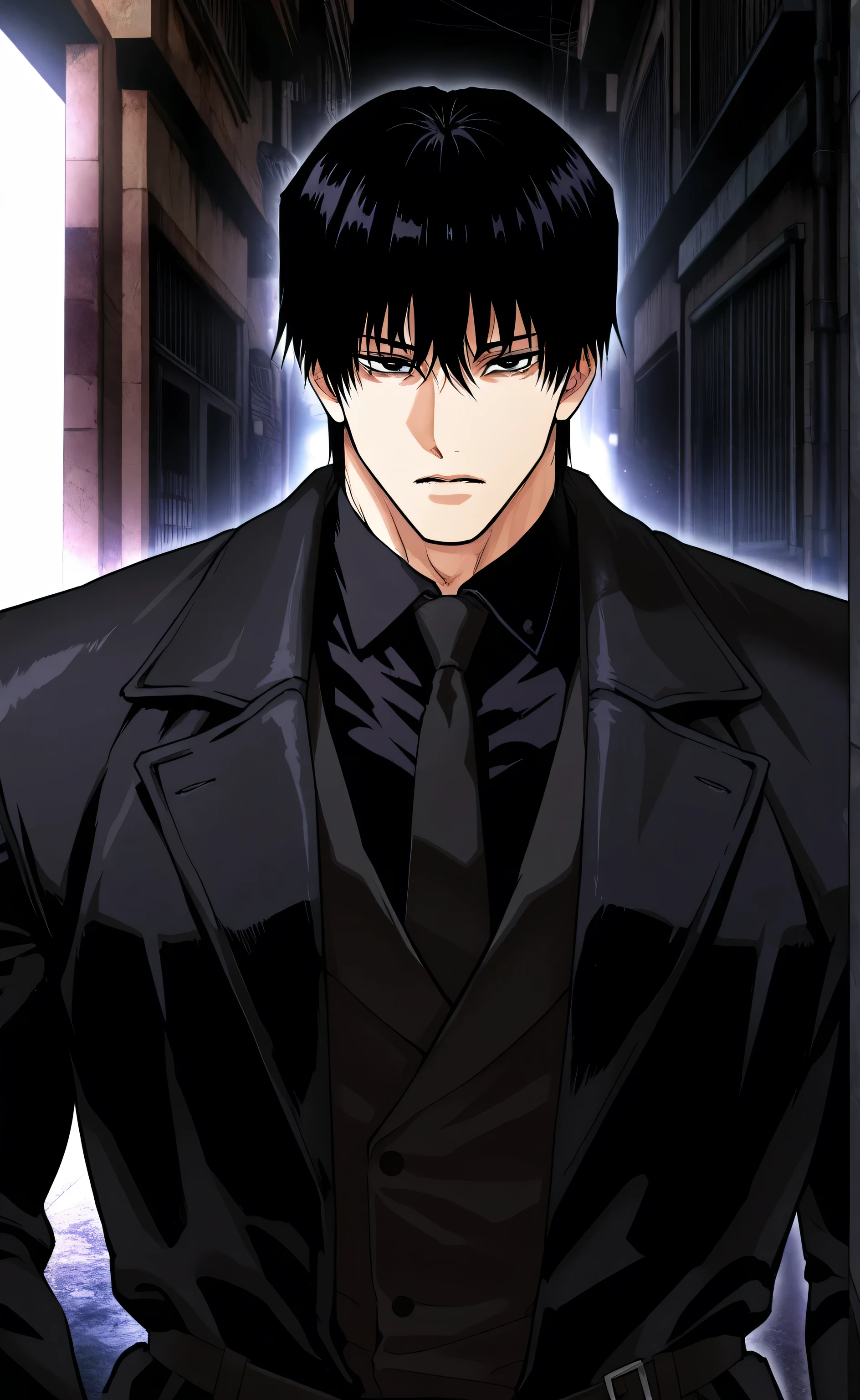 1male,solo,Touji Fushiguro,short hair,black hair,Hair between eyes,bang,Black eyes,big muscle,Black coat,Black shirt,Black Necktie,Alley,Lookism PTJ Style