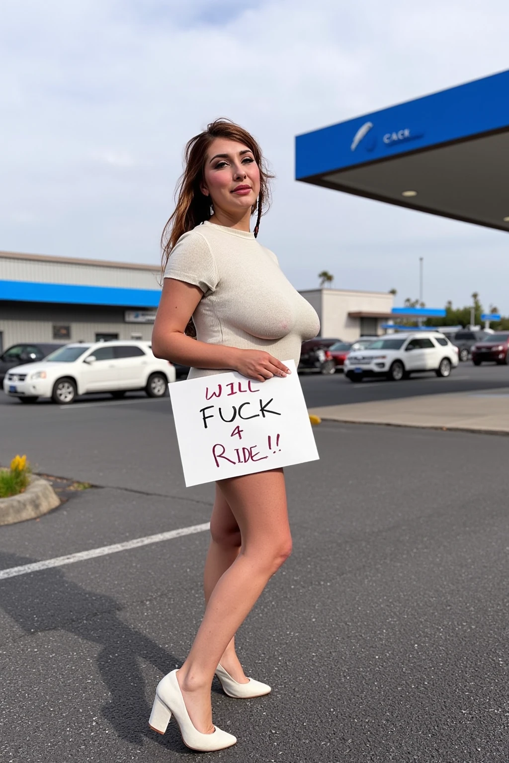 Depth of field , (( hands on hips )) , (( legs open )) , (( feet apart )) , (( seductive expression )) , short height , saggy breasts , sagging breasts , (( lots of belly fat )), (( fat stomach )) , (( sagging belly )) (( sagging stomach )), (( over hanging belly )) , (( over hanging stomach )),portrait ,1 girl ,cute, 18 year old , ( pointy upturned nose),( long thin nostrils ),long pony tail hair , (( mouth open )) , pouting ,(( looking down her pants )) , (raising eyebrow) , (( naked )) ,masterpiece, best quality, ultra-detailed, (( outside a very busy petrol station )) ,shadows, clear sky, (skin texture) , (warm hue, warm tone:1.2), sidelighting,contrast, ultra high res, best shadow, RAW, (( exposing crotch )), (( unshaven )) , (( hairy pussy )) , (( showing pubic hair )) , (( lots of people in the background )) , crowd , ((nsfw))
