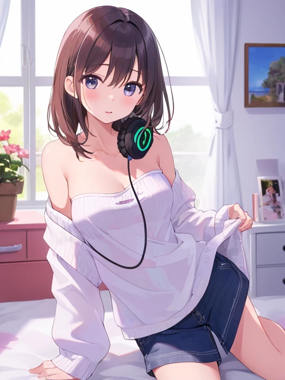 Anime girl with a slender yet feminine figure, (wearing white headphones:1.4), smiling, sitting on a chair, (writing a diary:1.4), holding a pen in her right hand, her left elbow bent with hand slightly raised not holding a pen, short ponytail, black hair, 24 years old, wearing a white fitted and cropped camisole that exposes her midriff and reveals her shoulders and cleavage, (Exposed cleavage:1.3), big breasts G-cup, (revealing skin:1.5), lofi girl anime vibes, lofi artstyle, anime style 4k, anime aesthetic, nightcore, lofi feel, lofi art, anime art wallpaper 4k, anime wallpaper 4k, lofi vibes, surrounded by many potted plants and greenery, creating a soothing green and blue toned space, sitting at a neatly organized desk, a lighted candle on the table, Tokyo view, Tokyo Tower, city view, with a view of a large caldera, at night, smile, anime style, Sony FE GM, masterpiece, best quality, 4K