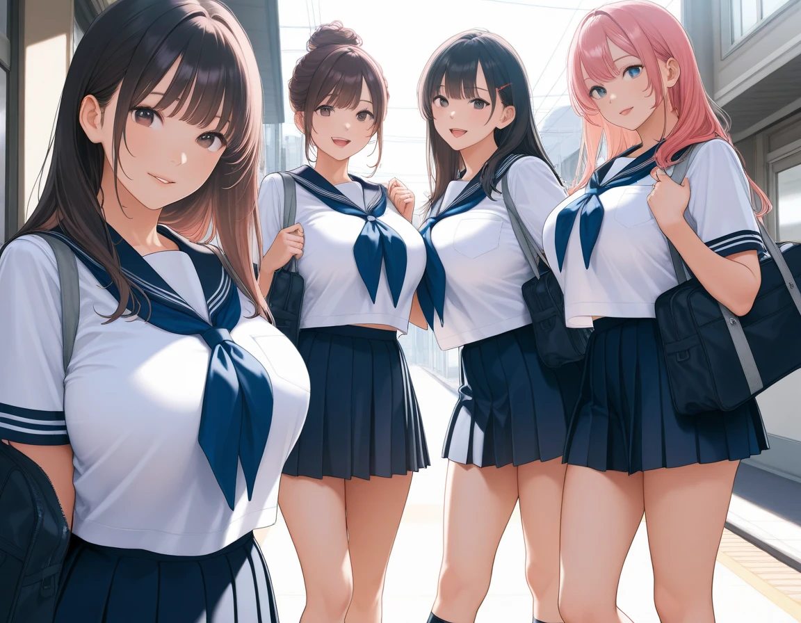 japanese 3girls,standing,undressing,school unform,looking at me,17years old,(bra:1.1),panties,cute,(kawaii:1.2),big breasts,cowboy shot,undressing,school unform,arms up,ponytail,locker room,