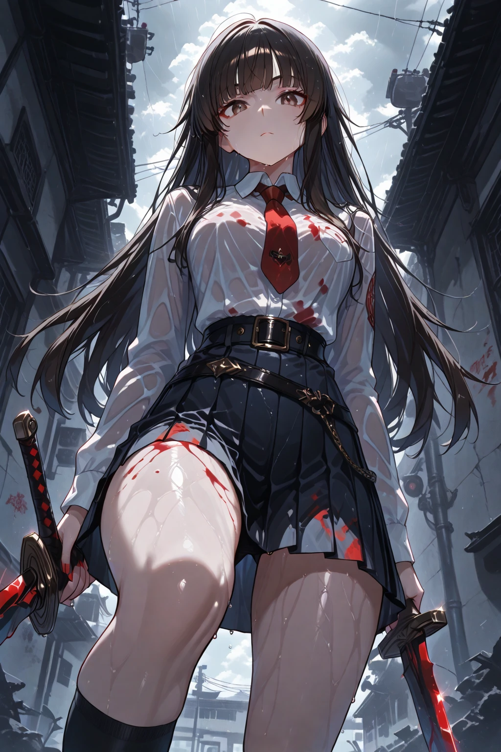 Girl with a Japan sword、Round, black eyes、Bloody short-sleeved shirt、A girl covered in blood after being splashed with blood. She lifts her skirt with both hands.、Showing off cute white underwear.、Black garter belt、Black rough fishnet stockings、A plain white shirt with short sleeves and a red tie、Standing posture、Abandoned Factory
