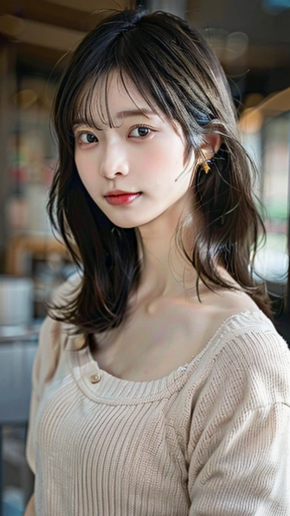 A woman wearing a sweater that resembles Mai Shiraishi、Black hair long、Big Breasts、Soft boobs、White hoot the lower body、Slouching Woman