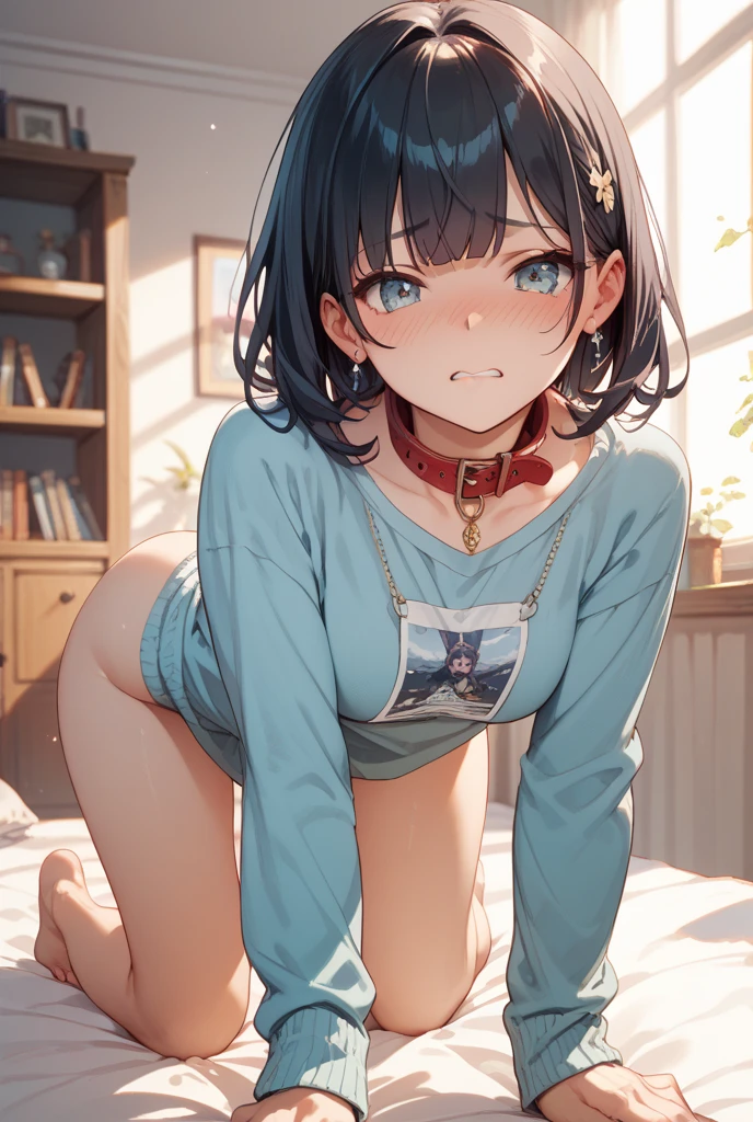 nsfw, 1woman, solo, 22years old, (dark skin), (forehead), medium hair, hair color:purple, hair ornament, dishevelled hair, whore, ((ahegao)), (rolling eyes), (looking out), heavy breathing, (((vulgarity))), ((open clothes)), bottomless, spread legs, legs up, pussy, ((spread pussy)), love juice, steam, (grabbing own thighs), skiny body, breasts, (medium breasts), indoors, on bed, lying on bed, sealed room, black leather collar,