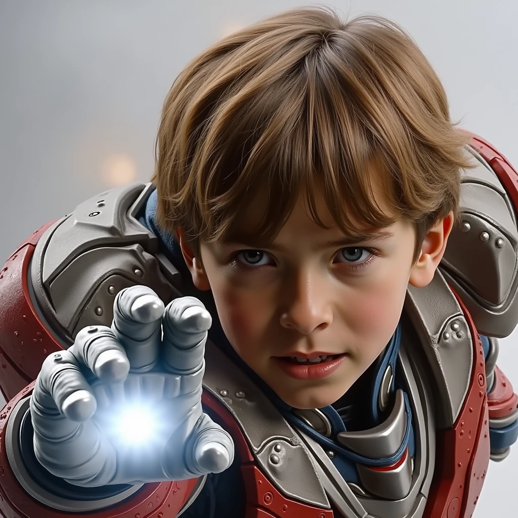 1 boy ,in metalic armour,in cyberspace, cracked down the computer,blue neon background, 16k ultra realistic realism, textured skin,