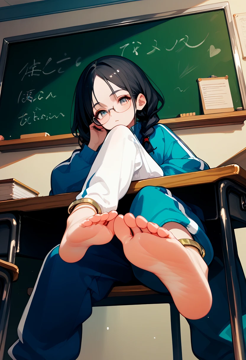 score_9, score_8_up, score_7_up, score_6_up,score_5_up, source_anime, source_furry, anthro, furry, female, fox girl, hadrian, solo, black hair,baggy blue and white track suit,baggy blue and white track pants,glasses,black hair,low twin braids, ,desk,sitting on desk,foot up,barefoot,soles,foot focus,paw_sloe,sharp_toenails, pawpads, from below,anklet,bare legs,chalkboard,