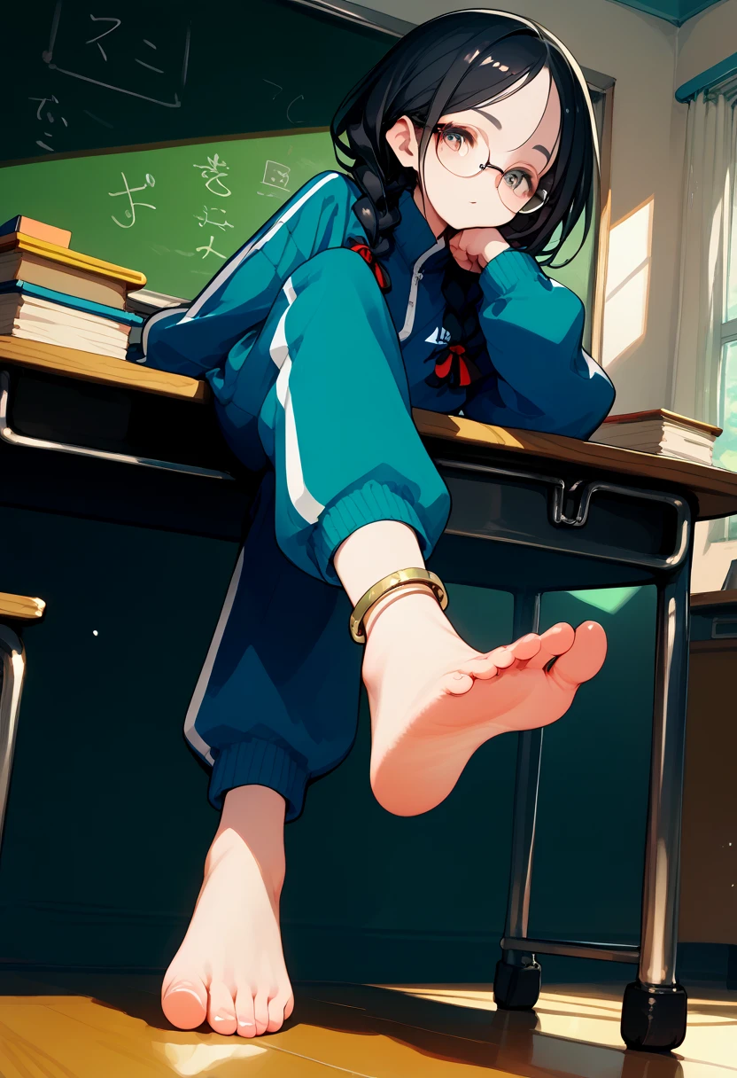 score_9, score_8_up,score_7_up,hadrian,black hair,baggy blue track suit,baggy blue track pants,glasses,black hair,low twin braids, ,desk,sitting on desk,foot up,barefoot,soles,foot focus,from below,anklet,chalkboard