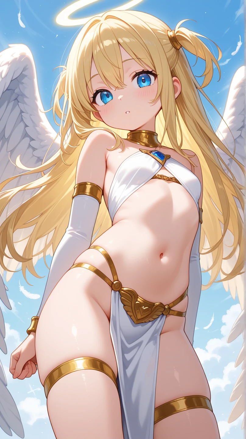 4k anime Illustration, upper body, beautiful young woman, long hair, peach colored hair, messy hair, magenta eyes, large eyes, (tiny breasts: 1.4), flat chest, massive hips, (gigantic thighs: 1.3), huge ass, colossal wings, white wings, feathery wings, Angel wings, halo, crown, (virgin-destroyer sweater: 1.3), oversized sweater, cleavage, thigh highs, condescending glare, magenta eyes