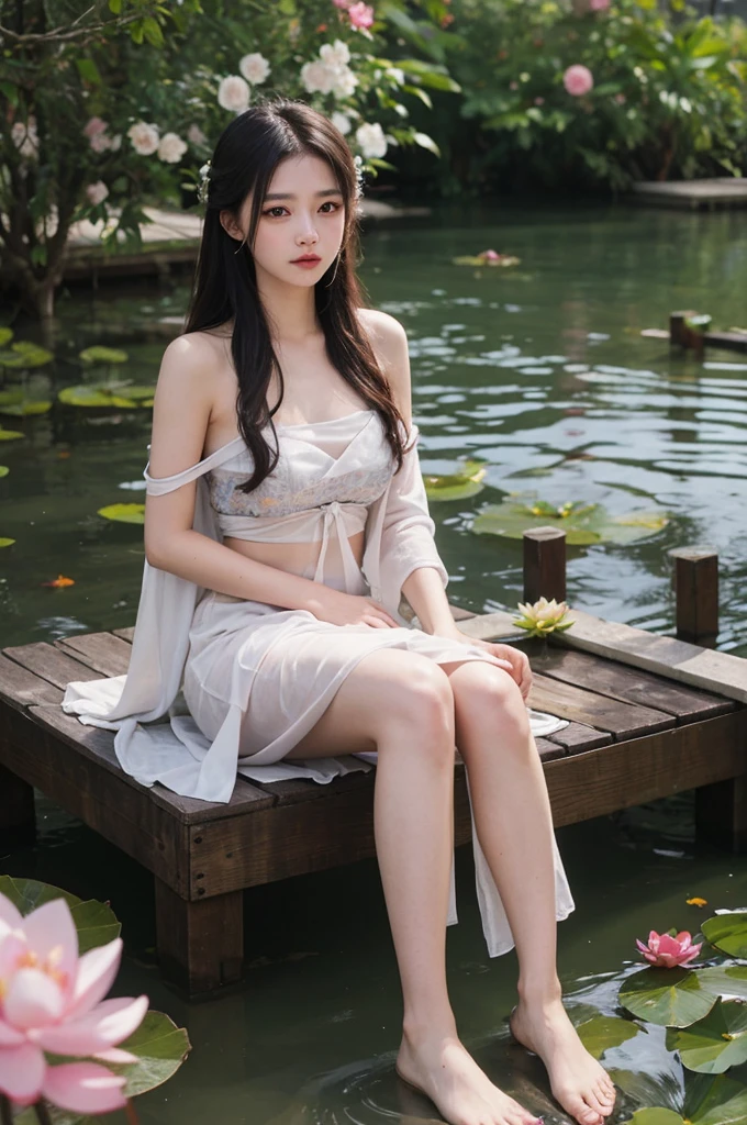 (best quality, masterpiece:1.2), ultra-detailed, (realistic:1.37), beautiful, youthful, glamorous model with (detailed eyes, detailed lips, extremely detailed eyes), wearing a loose Han-style dress with a deep V-neck, sitting on a rock by the river, surrounded by rocks or a temple or a bridge, in a knee shot, with white and floral colors, showcasing a radiant smile, slender figure, long legs, creating a breathtaking depiction of a girl enjoying the water.