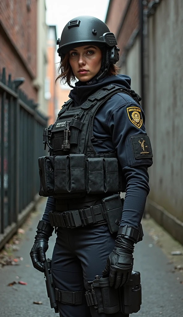 (medium full shot) of (formidable SWAT officer) young woman, slim build, extra long ginger hair, american, tan skin, light Blue eyes, wearing a tactical helmet, blue tactical vest, reinforced pants, tactical boots, walkie-talkie ballistic goggles, carrying a grenade, set in  a drug bust in progress, with SWAT teams, suspected hideouts, secure perimeters, and tactical gear , at night, woman smiling, ,Masterpiece,best quality, photo, realistic, very aesthetic, detailed face,