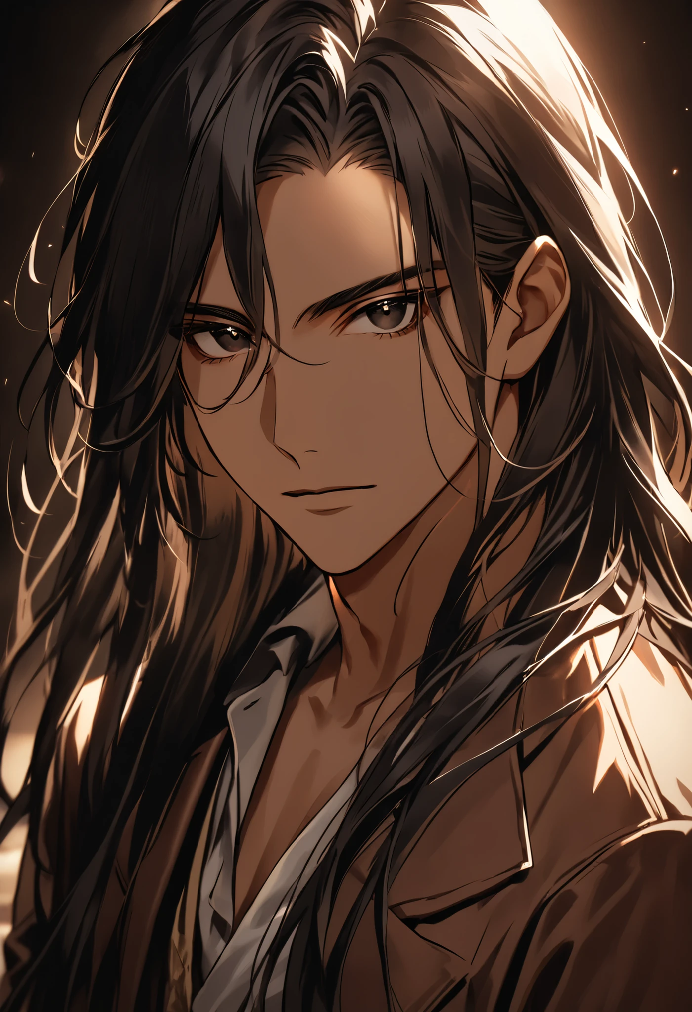 Handsome young man, athletic body, muscle, long hair, shoulder length hair, black hair, black eyes, tanned skin, wearing casual yet elegant clothing. He has a stylish brown jacket. The background is softly blurred, emphasizing his charismatic and mysterious aura. High detail, cinematic lighting, looking at the viewer, face focus.