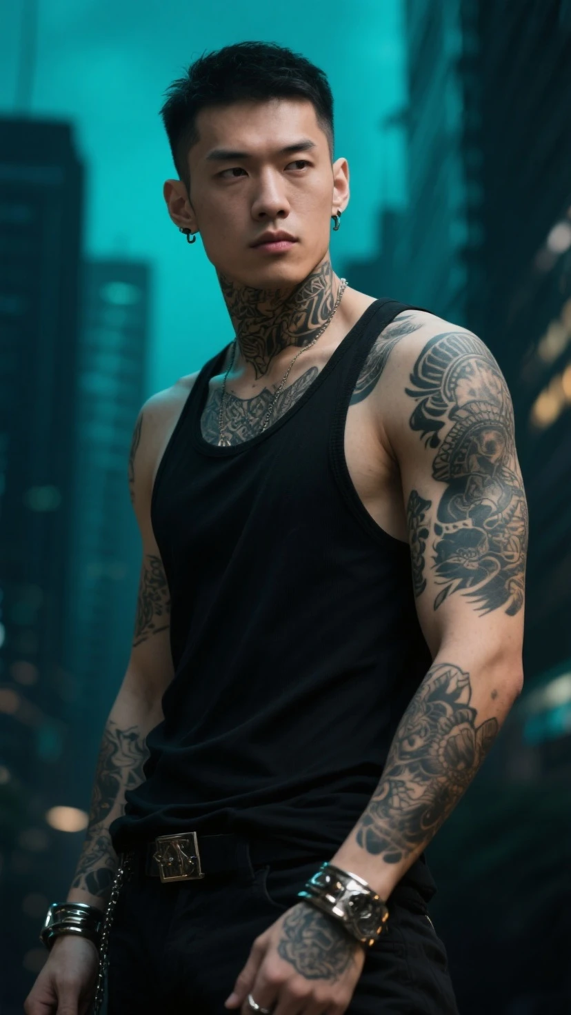 Imagine a young Chinese man, Pink haired boxin, all tattooed yakuza tattoo from the neck down, dressed as a gangster and armed, full body with a super sports car behind