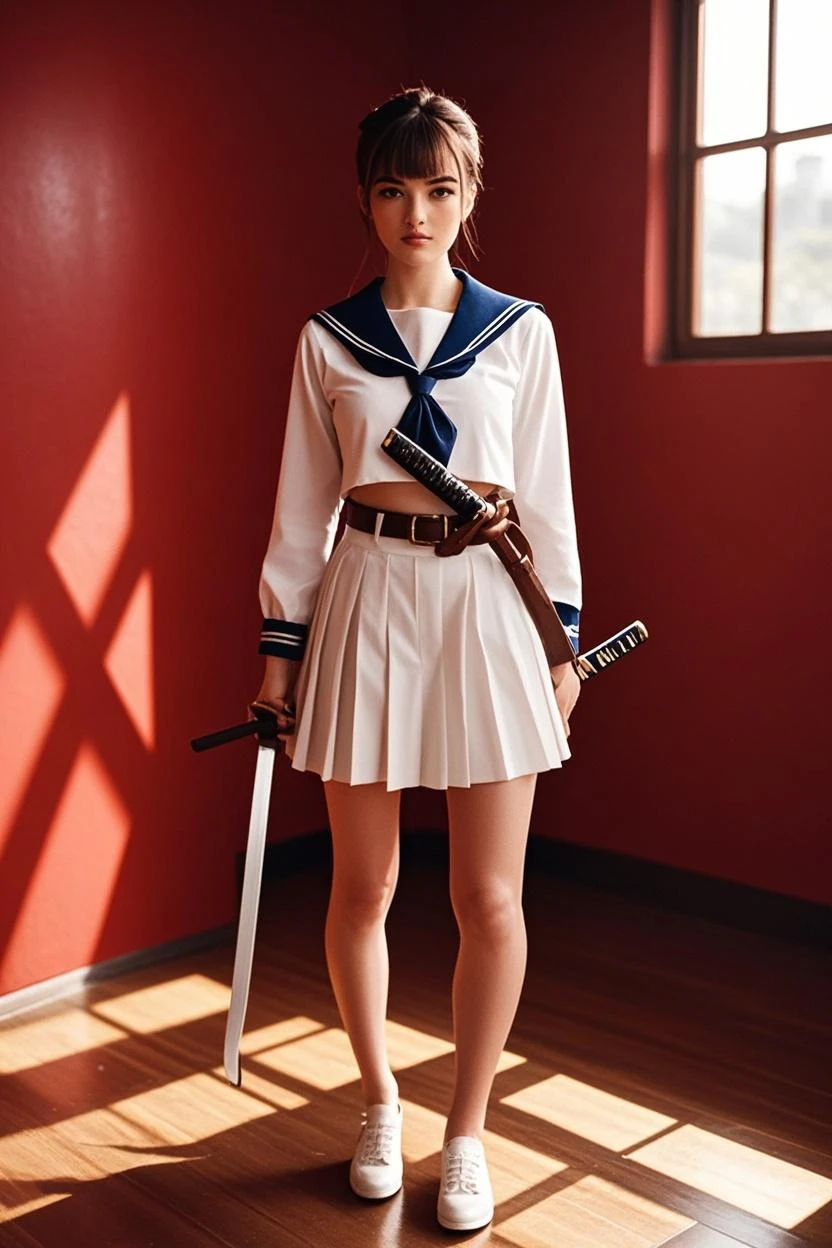 (Realistic:1.3), 8k, Health photo, Realistic skin texture, (masterpiece, highest quality, High resolution:1.2), (Very detailed, Intricate details, High resolution), Textured skin, Skin pores, Intricate details, One girl, Straight Short Hair,whole body,Ultra mini skirt,(Sailor suit),Clear skin,Realistic Face,(Holding a sword)