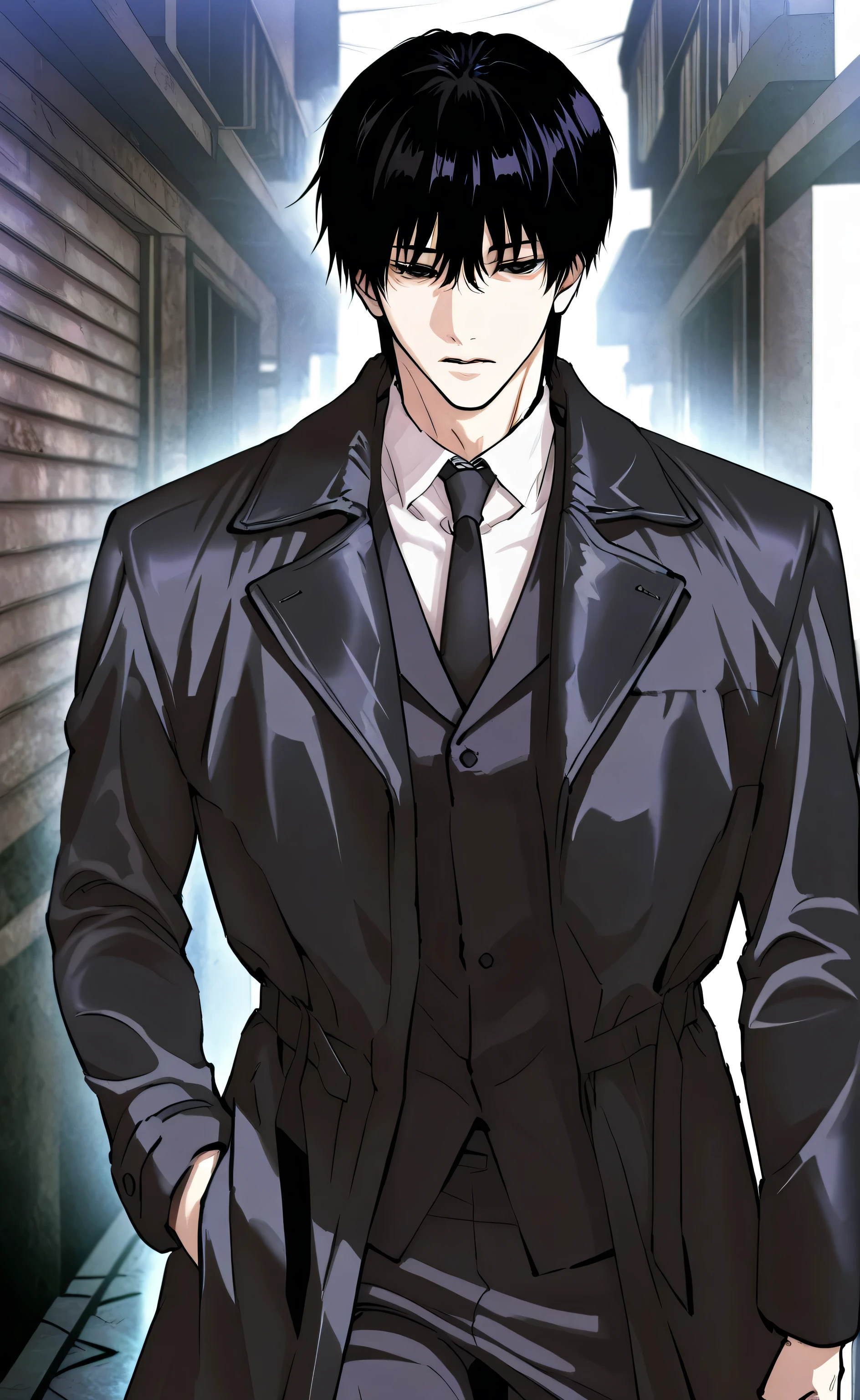 1male,solo,Touji Fushiguro,short hair,black hair,Hair between eyes,bang,Black eyes,Black coat,Black shirt,Black Necktie,Alley,Lookism PTJ Style