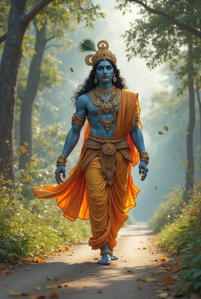 Krishna blue skin walking in his hand yellow and blue colour flag Ukrain