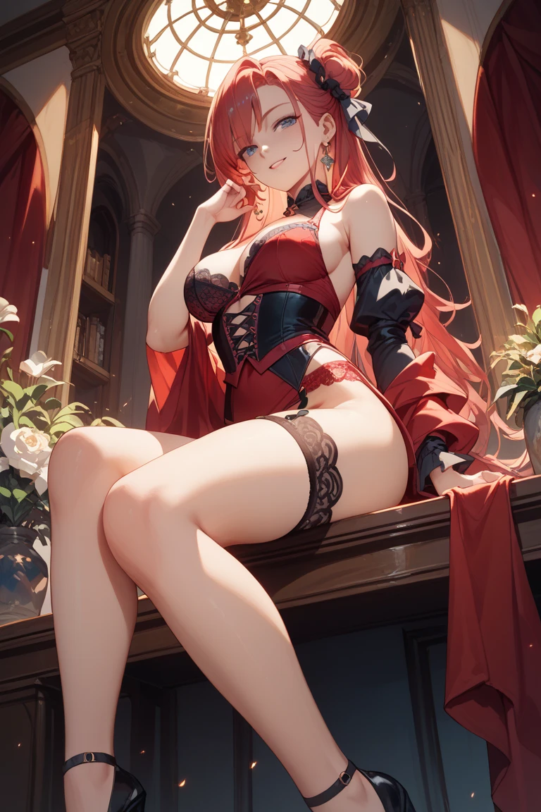 masterpiece, top quality, high resolution, solo, black and red crop top, cleavage, medium breasts, midriff, cat hair ears rough breath, sexual expression, open mouth, wearing underwear, shoving cleavage, black and red panties, sexy brown hair, cowboy shot, full body, green streak in hair,