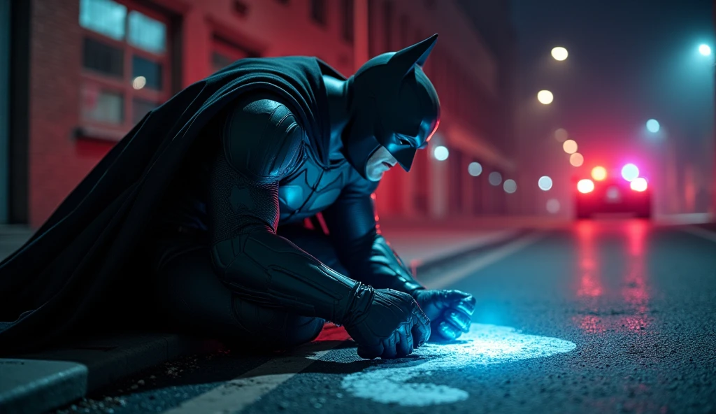 draw the Batman in an action scene with a lot of blood on his hands and mouth, blood on the ground because the scene is of Batman fighting several Cyberpunks at the behest of the villain Penguin, 64k,