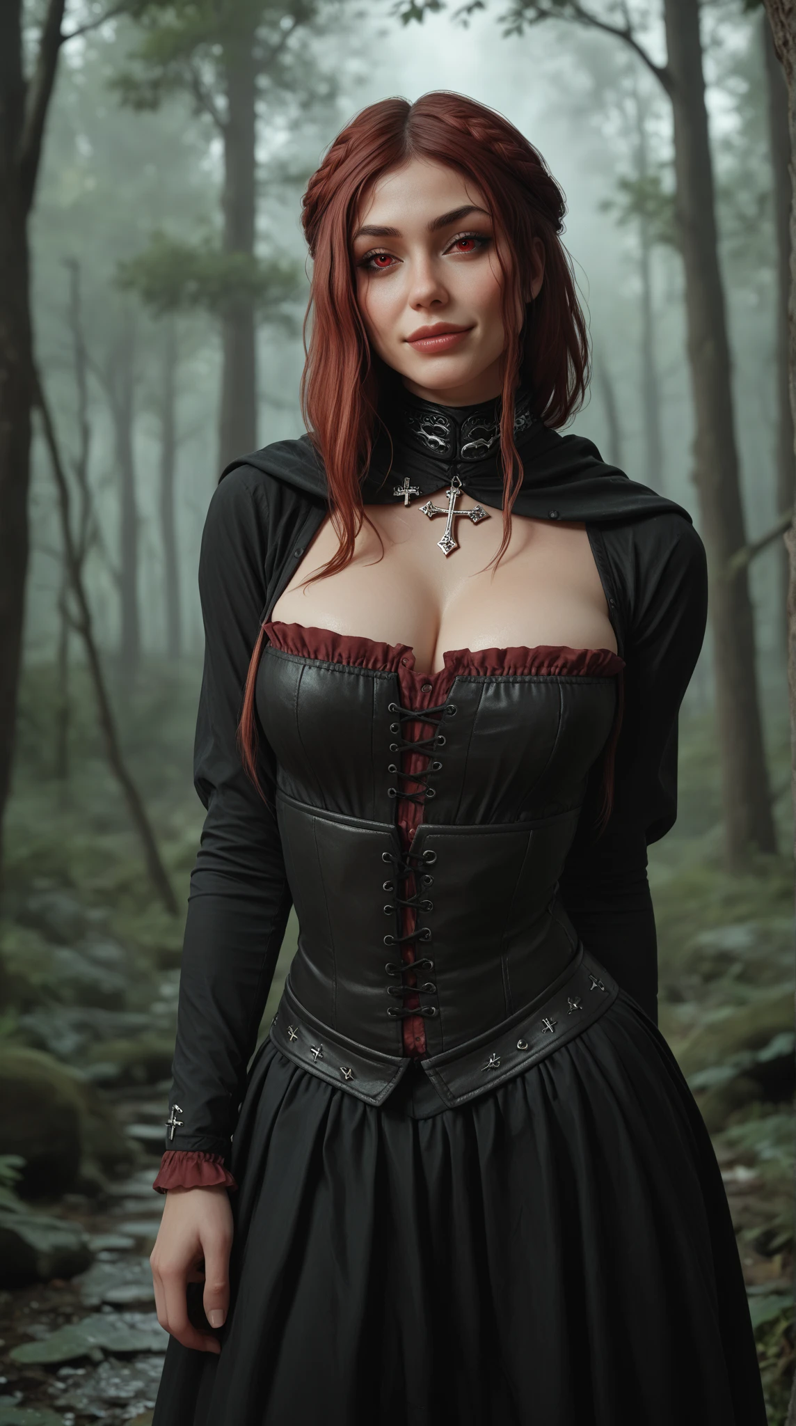 woman with curly brown hair, slightly ashy hair, pale skin color, Red eyes, fright, in a long black dress and corset and belts, with curly horns like a ram, dark fantasy character design, dark elf tiefling, , epic exquisite character art, dark fantasy art, looks like Elizabeth Olsen, Dark Sorceress Full View, Amazing character art. sat down on a fallen tree