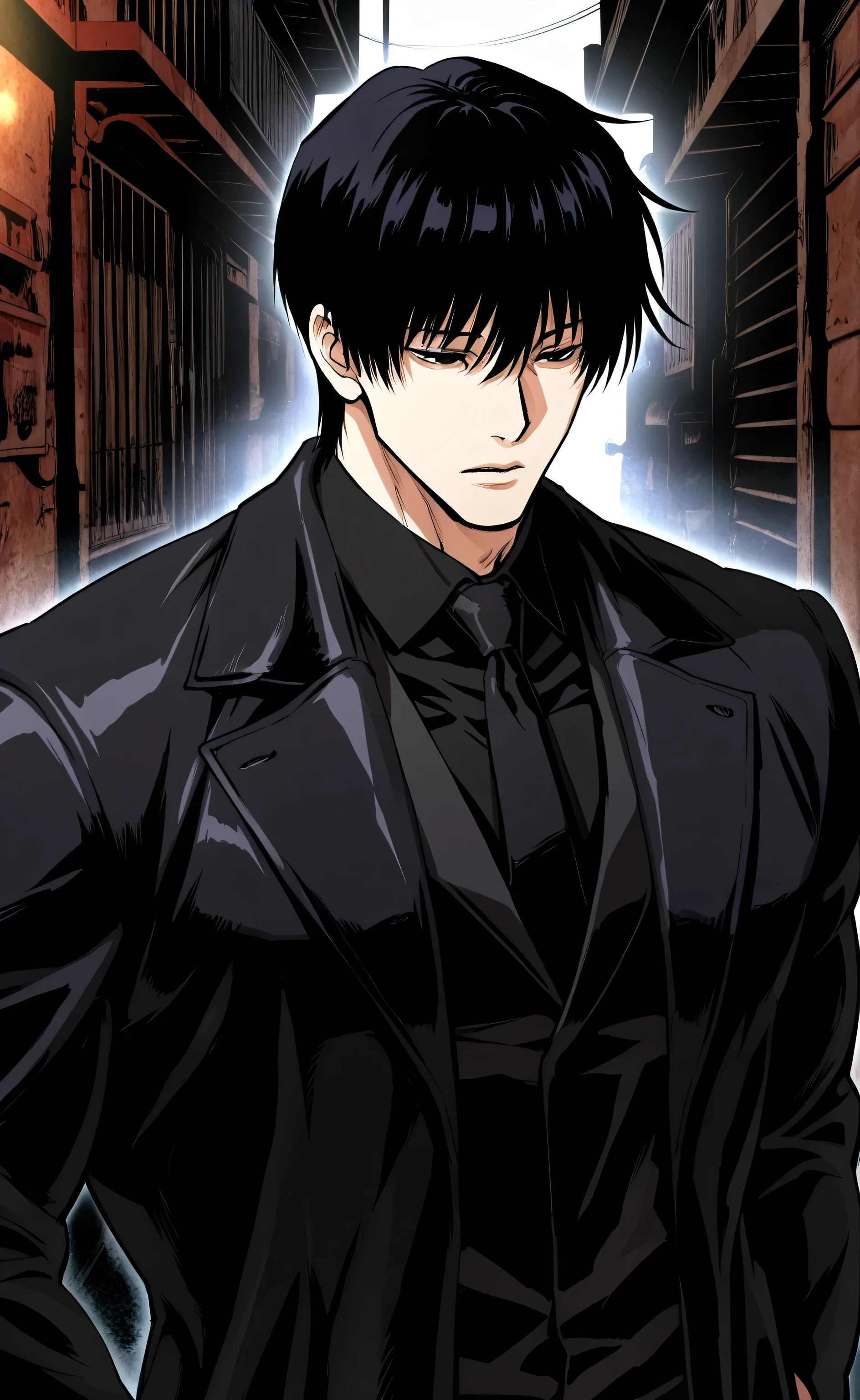 1male,solo,Touji Fushiguro,short hair,black hair,Hair between eyes,bang,Black eyes,big muscle,Black coat,Black shirt,Black Necktie,Alley,Lookism PTJ Style