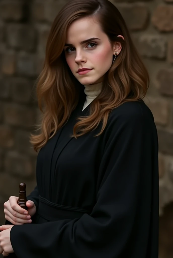 masterpiece, RAW, analog, Nikon Z 85mm, award winning glamour photograph, highres, photorealistic, real, extremely high quality RAW photograph, detailed background, intricate, (perfect lighting:1.2), cinematic lighting, (emma watson:0.2), hermione,  1girl, solo, looking at viewer, smile, full body, brown eyes, smile, facing viewer,  hogsks, striped scarf, gryffindor, black robe, medieval, gothic architecture, mist, dof, pleated skirt, (open legs:1.1),perfect ???????, beautiful legs,