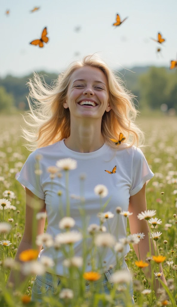 Dans l'image réelle, une , aux cheveux courts orange, porte un t-shirt à manches courtes bleu clair et un pantalon blanc.