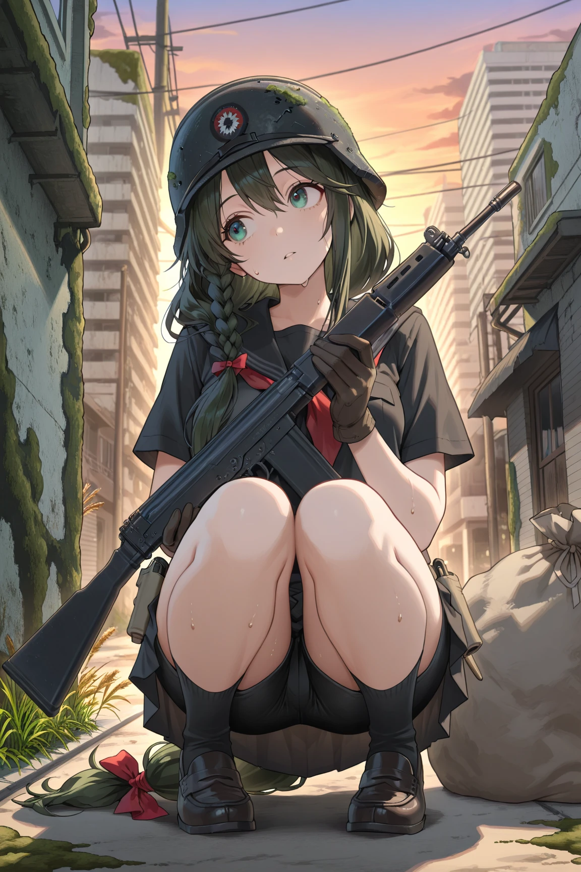 14 year old female soldier、Angry expression、Glare、Pubic hair is visible、Guerrillas and Orgies、Shopping street in the daytime、Blowjob、underwear、In the middle of the enemy soldiers、On all fours
