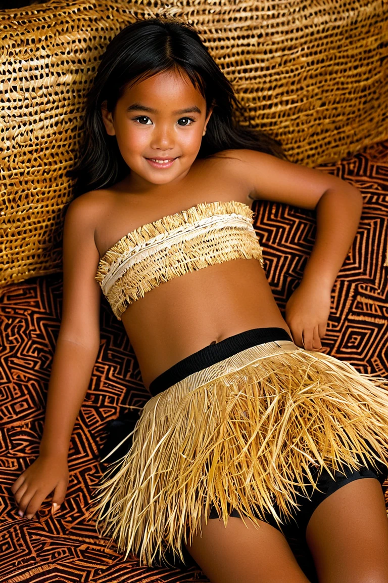 An Indian Brazilian child girl with curly hair, wearing a headdress a straw outfit, black eyes, standing in an Amazon rainforest.