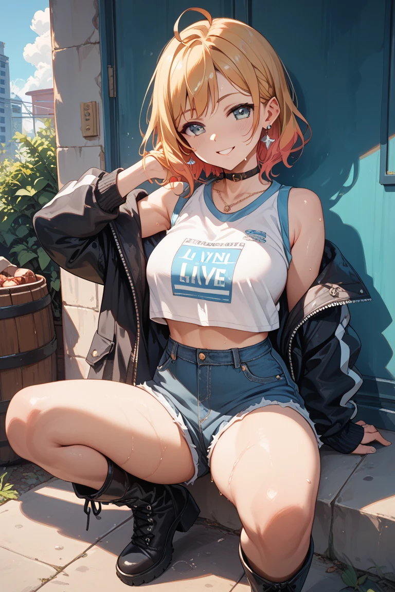 1girl, solo, orange hair, twin buns, blue eyes, eyeliner, light grin, medium breasts, pink t-shirt, black choker, bare shoulders, denim shorts, light blue sneakers, frow below