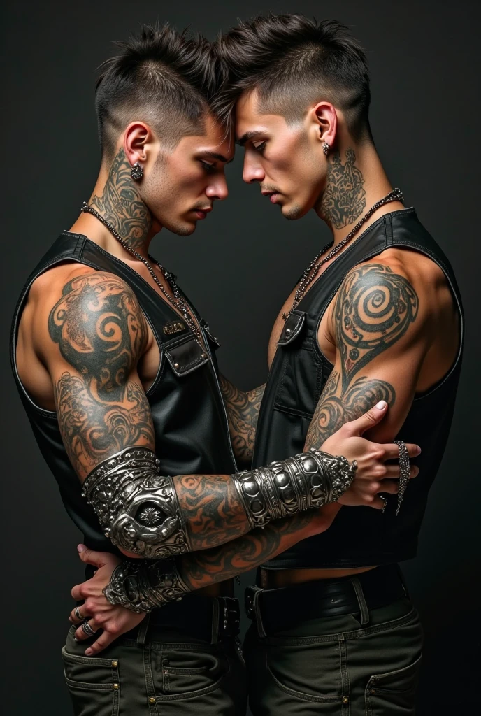 (two deeply passionate, naked tattooed bald bodybuilder men kissing intensely in a dark and moody atmosphere) full body, seen from a low angle, includes back view of one of the men