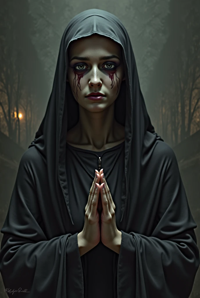 Woman with a veil and blood on her hands, white eyes, horror look, horror movie, dark