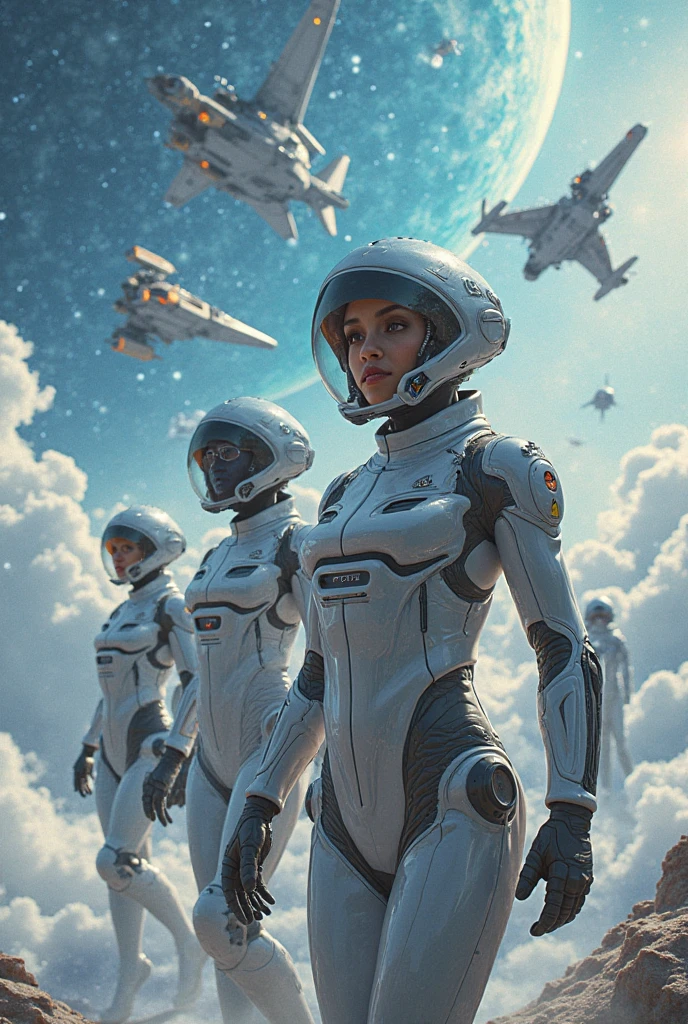 A photorealistic 4K cinematic image featuring a group of sexy, cyber-futuristic women farmers in a vibrant, high-tech countryside setting. The scene blends traditional rural elements with futuristic technology, inspired by gaming aesthetics and detailed, stylish outfits.

The women are dressed in sleek, form-fitting outfits made of advanced, reflective materials that combine utility and fashion. Each outfit is equipped with high-tech farming gear, like exoskeletons that enhance strength, neon-lit gloves for handling crops, and holographic visors that display data. Their attire features vibrant colors, digital patterns, and metallic accents, giving them a powerful and alluring presence.

The group stands confidently in the middle of a futuristic farm, surrounded by lush, genetically engineered crops that glow with a soft, bioluminescent light. The fields are lined with advanced farming machinery, hovering drones, and robotic assistants that tend to the land. The women’s expressions are focused and determined, their posture exuding strength and control.

The background showcases a stunning countryside that blends natural beauty with advanced technology. Rolling hills are dotted with sleek, futuristic barns made of transparent materials, and the sky is filled with floating wind turbines and solar panels that harness energy. A distant, high-tech cityscape looms on the horizon, contrasting with the pastoral setting, yet blending seamlessly into the landscape.

The lighting is a mix of natural sunlight and artificial neon glows, casting a dynamic, cinematic effect that highlights the textures of the outfits and the futuristic environment. The overall atmosphere is one of strength, beauty, and innovation, capturing the essence of a high-tech, stylish future where agriculture and technology coexist.

[Lighting: Natural sunlight with neon highlights] [Camera: Wide-angle group shot] [Resolution: 4k, hyper-realistic] [Style: Cyber-futuristic fashion, stylish countryside]