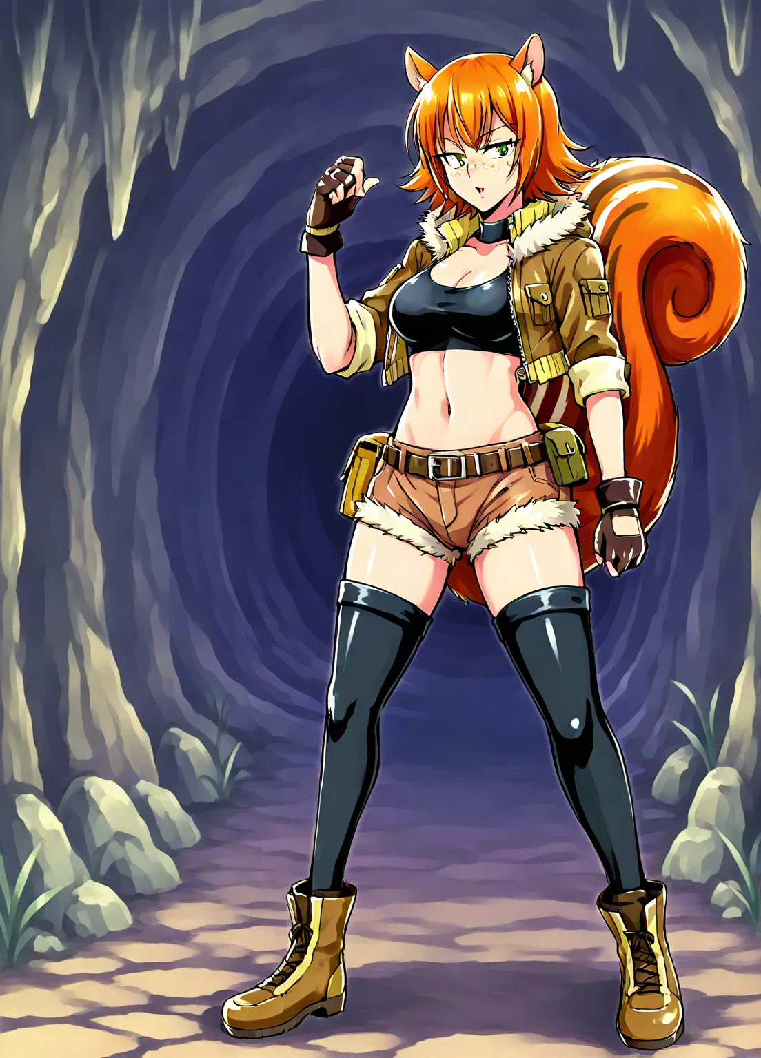 ((masterpiece, best quality)), 1girl, solo, xyzsam, long hair, orange hair, green eyes, boxing ring, martial arts, combat pose, action shot, toned, clenched fists, silver anklet, silver bracelet, shackles, metal collar, silver collar, full body, full body, completely nude, vagina, smirking, looking worried, uncovered abdomen, uncovered groin