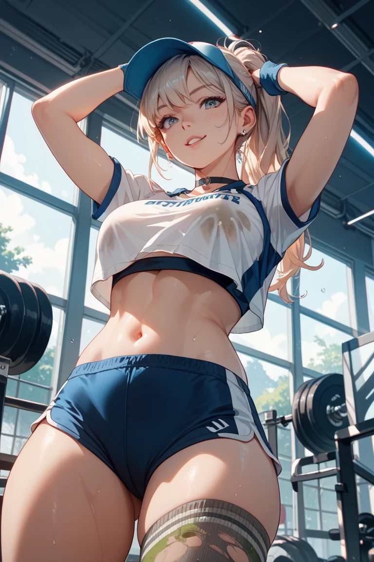 (masterpiece, best quality:1.2),1girl, (solo), Android 18 from Dragon Ball, ((CALVIN KLEIN bras CALVIN KLEIN shorts)), gray wear, medium breasts, blunt bangs, blonde short hair, black eyes, earrings on earlobes, slim, slender feminine figure, skinny body, blush, magnificent view, blur background, 8K, collarbone, sky, sunny, thigh gap, full body, smile, sweat, open mouth, arms up, gym, dancing, thighhighs
