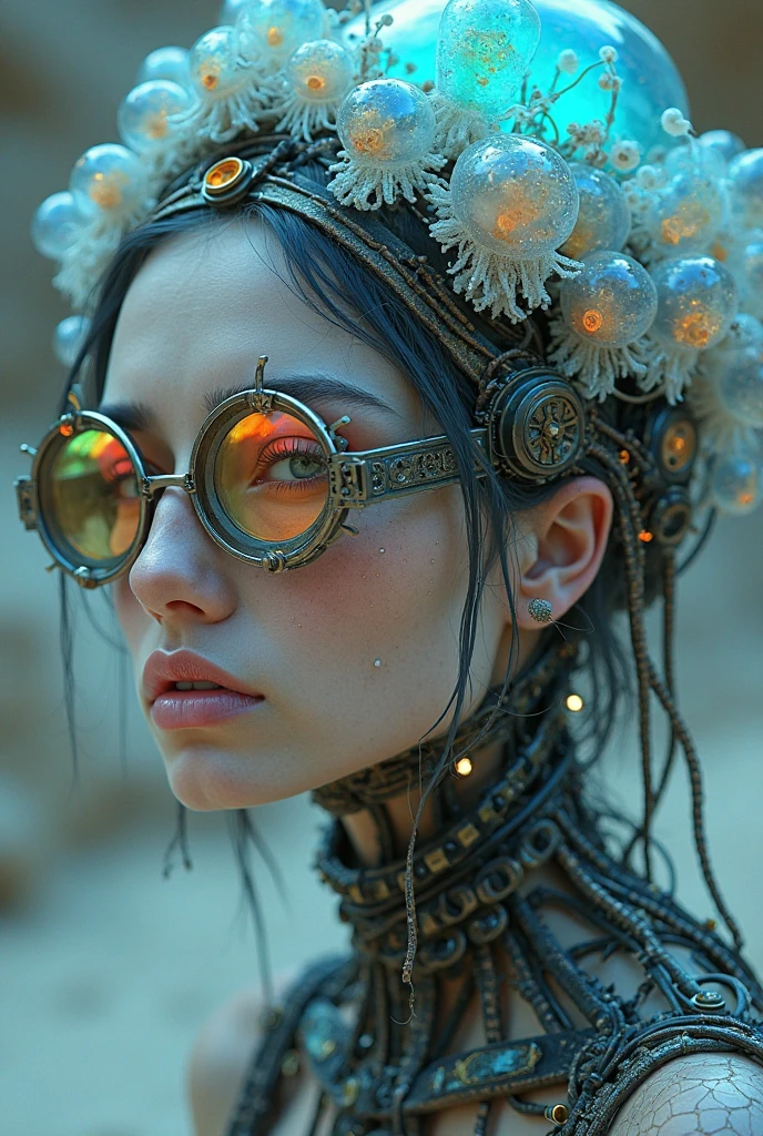 3d image of a steampunk woman, in the style of bella kotak, gold and cyan, photorealistic detail, dark fairy tales, detailed miniatures, artgerm, uhd image