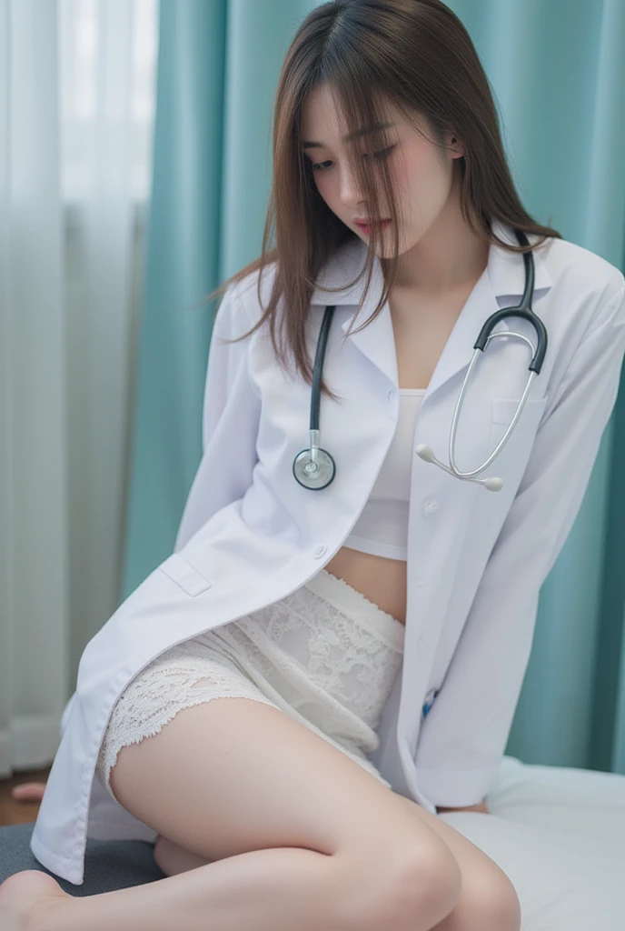 16K quality、highest quality, high resolution, real photos, (Super realistic、photorealistic)、((long shot、full body portrait))、(((hospital examination room))) 、(((female doctor in white coat who doesn't close the button)))、(((Black blouse with collar in doctor's lab coat、Wear a long-sleeved doctor's coat over a black blouse、black mini skirt)))、((female doctor in white coat))、((Wear a stethoscope and name tag))、((open both legs wide、Open your legs and show off your white panties))、(pure white panties)、choker、beautiful legs、barefoot、((high heels))、(Big eyes、very beautiful and modest makeup, Makeup is light, Beautiful blonde hair)、(Cute Japanese girl in her 20s、shiny dark brown hair)、perfect body、perfect hands、perfect hands指、detailed and beautiful lips、Clear, beautiful face and well-proportioned eyes、highly detailed eyes and face、well-groomed nose、thin eyebrows、(perfect eyes)、 (F cup big breasts)、Clear double eyelids、Patchily's Eye、Clear, beautiful face and well-proportioned eyes, ( very beautiful and modest makeup, Makeup is light、 border light, (soft light, high quality, smooth and sharp, 10x pixelization, beautiful eyeshadow),((NSFW))、((ecstatic expression、reach sexual climax))、mouth is sloppily open、sexy mouth、(cute japanese girl)、 smile、detailed and beautiful lips , cute round face, plump thighs、emphasize the thighs、hairstyle with bangs、delicate body、slim、skin that reflects light、model body shape、detailed fingers、beautiful eyes、long eyelashes、8head and body、Low - Angle、light reflected in the eyes、smaller face、double eyelid、big eyes、lip gloss、looking at the camera、background bokeh、Movie lighting from the front、light on the face