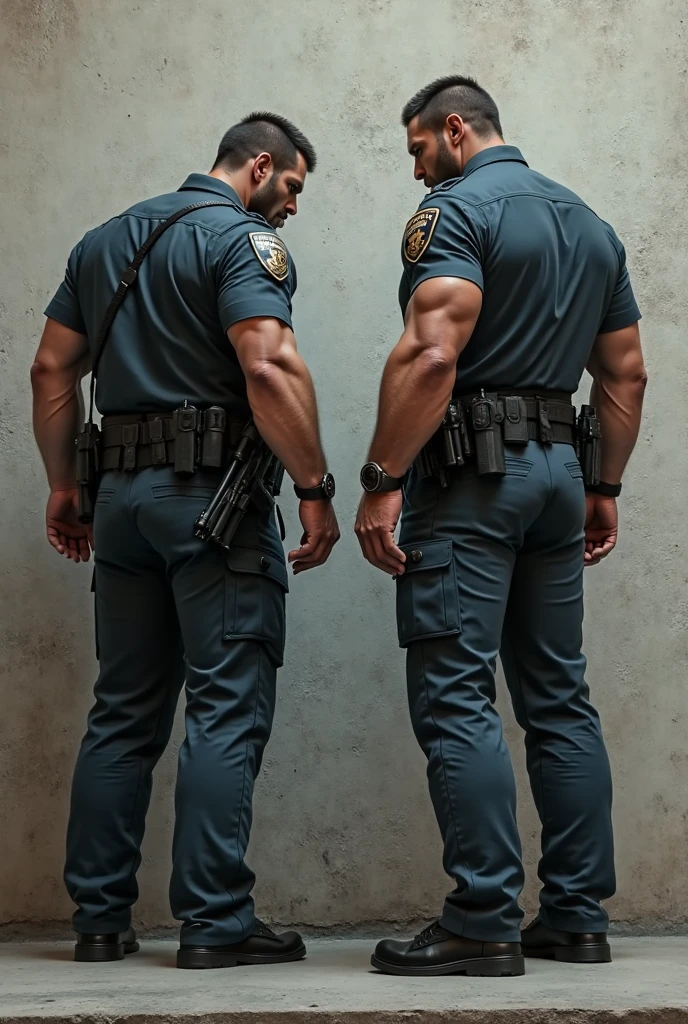 Two male police officers, muscular, jocks, athletic, shirtless, ginger, wearing police uniforms, big butt, huge ass, comically massive ass, bubblebutt, thick, thicc, thick ass, thick legs, thick thighs, huge butt cheeks, ass huge, showing butt to camera, smiling, looking back at camera, big booty, boy booty, men with huge butts, men in police uniforms, showing off ass, absolutely massive butt, enormous ass cheeks in uniform pants, full ass, wide ass, round ass