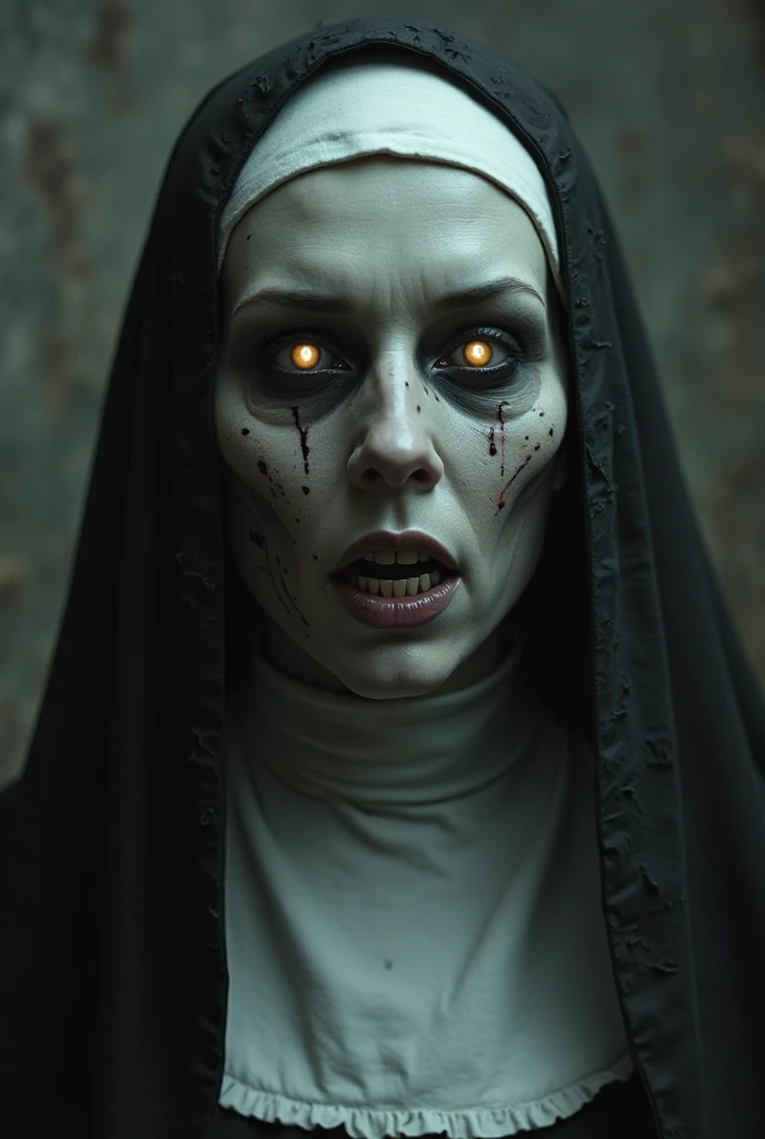 woman dj nun zombie, bloody face, dark, horror, red tones, gothic church in the background, ultra realistic, horror movie lighting, scary, chaos, neon lights in the background, realistic, dark, huge breast, Fujifilm Fujichrome Provia 100F movie, flashlight, ultra realistic, 8K UHD. --auto --s2