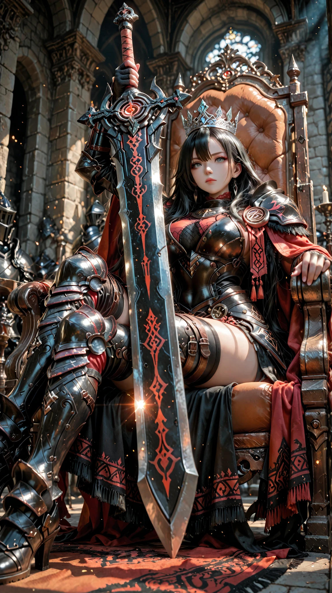Fixing her eyes, correct her eyes.Dynamic perspective angle shot, A digital art image shows a older woman king, very short black hair, and dull grey eyes, sit on the throne room setting. She has a serious and no non-sence looks.She is dressed in a black and red king armor, complete with a silver crown. Her arms are clad in metallic steel armor, and she wields a big magic sword with runic inscriptions. The background features castle Thorne room in shades of black and red, creating a dark royalty atmosphere. The lighting is soft and diffused, enhancing the fantasy aesthetic. The composition is balanced, with the women centered in the frame, drawing attention to her unique blend of traditional king. The overall style is reminiscent of digital painting, with smooth textures and vibrant colors.