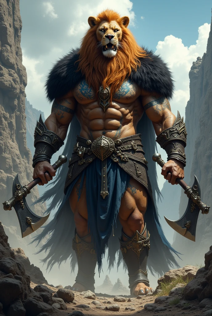 I would like a bald white man with a long braided red beard, an extremely strong physique, shirtless with tattoos covering his body and arms, a lion tattoo on his back, wearing black leather pants with pink details, a cloth tied around his waist, and holding a large golden axe in his hands. There is a spiritual lion behind him, and a great aura of power resides within him. I would like it to be in a mature style, and the art should be in a fantasy and RPG style set in the Old West.