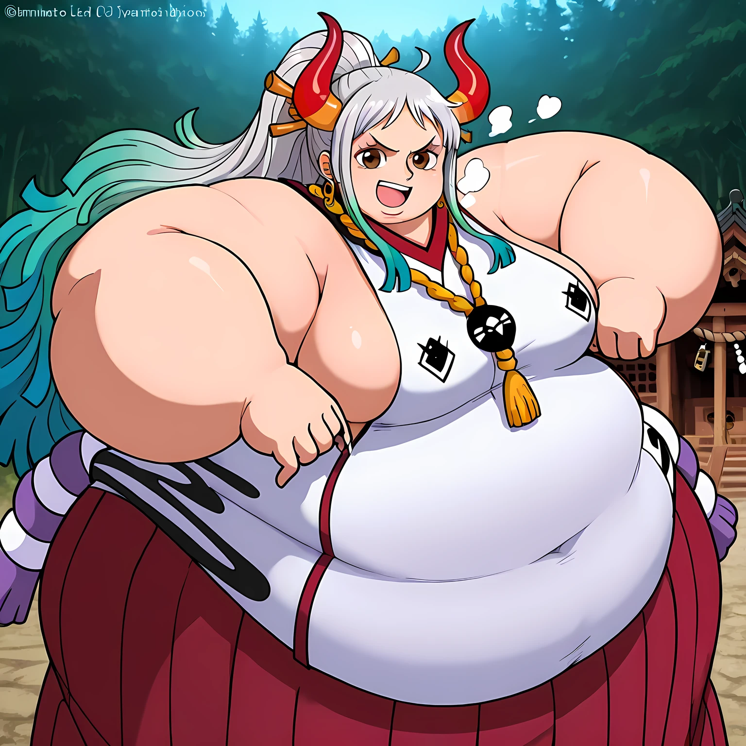 yamato,one piece
High quality , best quality , masterpiece, High Resolution , detailed face( LoRA: yamato),anatomically correct, detailed hair Style( LoRA: yamato),anime Coloring
solo, 1 girl,
ahoge, aqua hair, brown eyes, curled horns, earrings, green hair, grey hair, hair ornament, hair stick, high ponytail, horns, long hair, multicolored hair, multicolored horns, oni, red horns, shimenawa, sidelocks, v-shaped eyebrows, very long hair
bare arms, bare shoulders, hakama, japanese clothes, rope, shimenawa, sideboob, sleeveless, sleeveless kimono,
looking at viewer , close-up,, Angle from directly above, crotch focus fat, chubby, obese, gigantic arms and legs, large breasts open mouth, out of breath
, Forest, shrine
,open mouth, smile