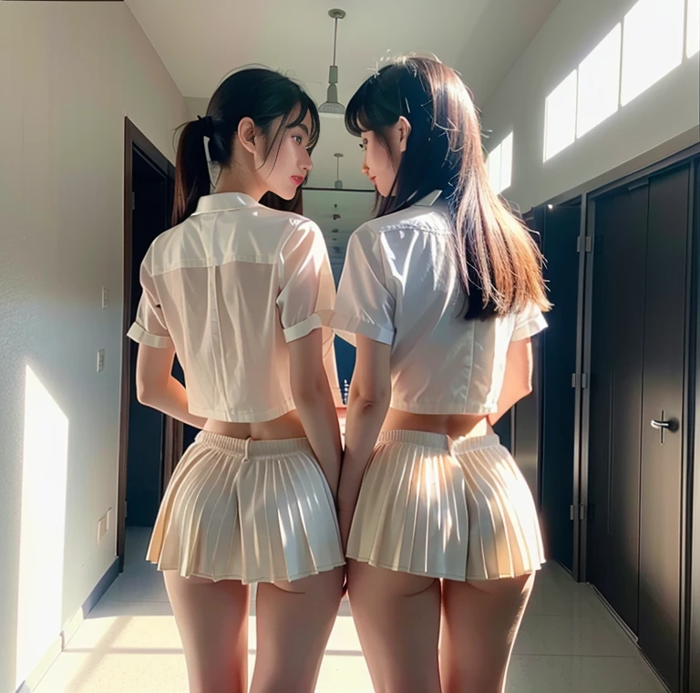 (highest quality), (masterpiece), (raw photo), master, very beautiful, highly detailed CG, 8k wallpaper, amazing fine details, official art, huge file size, high resolution, darkness, atmosphere, mysterious, romanticism, creepy, literature, art, fashion, elegant, (((Perfect anatomy depiction of the human body))), two junior high school girls alternately standing straight, One is facing the front, the other next to him is staring at the other person with his back turned and only his neck to the side, 12 years old girl, ((super big)), (thin waist), (big buttocks), (thin thighs), (whitens the skin), baby face, (neat white blouse of smooth sheer fabric with ribbon tie), ((blouse is very cramped)), (ultramini pleated skirt), (white underwear), (Clothes are nowhere to be seen), (All buttons fastened and neatly dressed), Shot from various angles, Midnight, dark basement, no windows, dust dance, (very dark), (too dark to almost invisible), Slight blue backlight, nphot, low exposure flash shooting