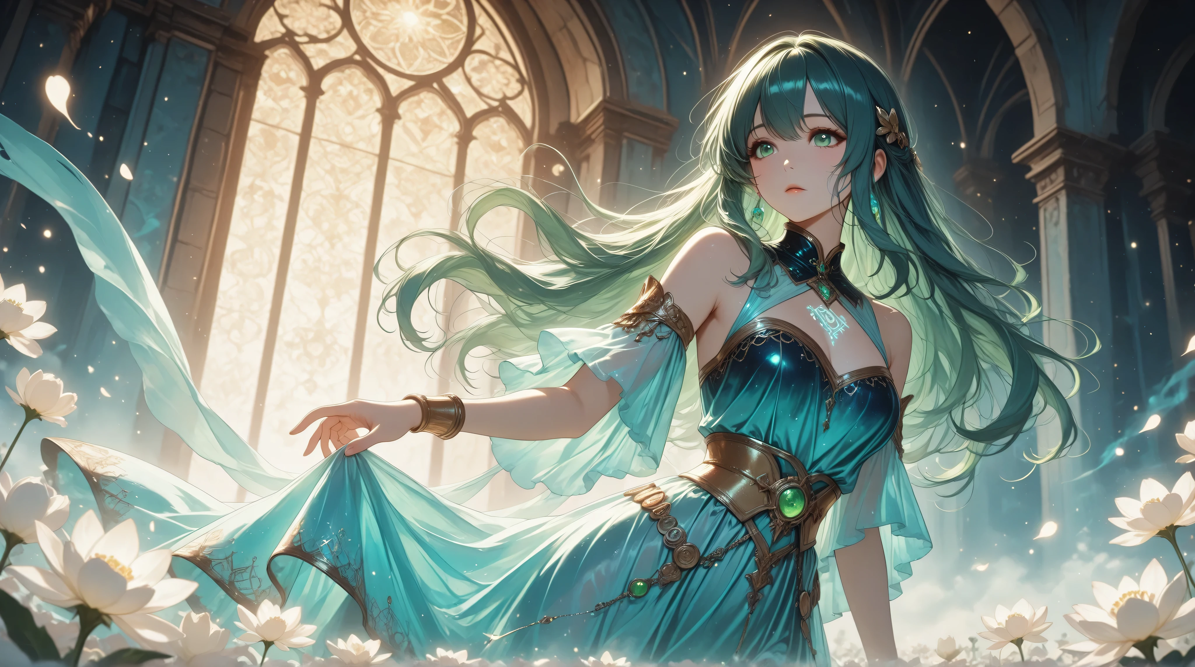 Woman, blue hair, long hair, blue dress, fins instead of ears, beautiful background, temple, glittering decoration, Middle Ages, fantasy, emperor