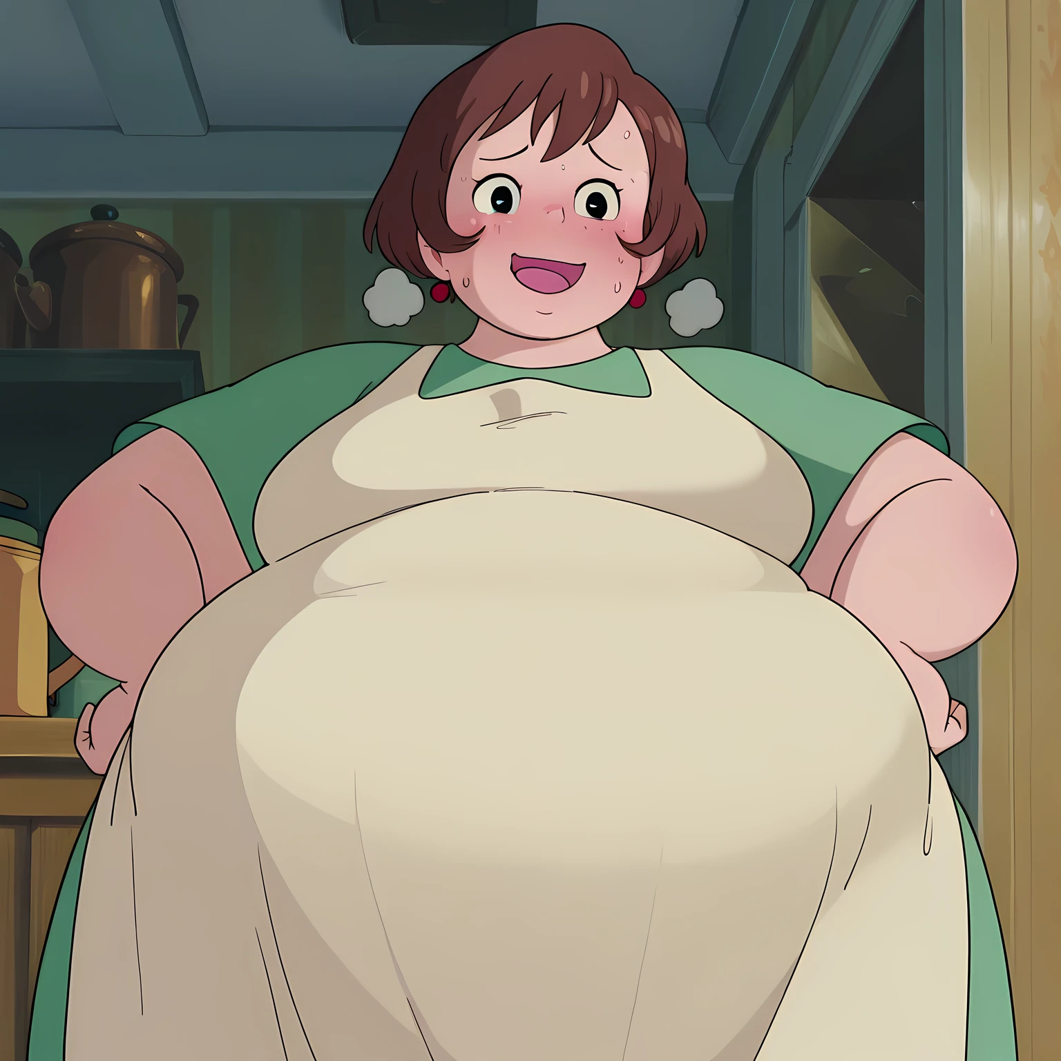 1girl,solo,mm,mature female,short hair,brown hair,black eyes,earrings,anime coloring,
dress,apron,cowboy shot, hand on own hip, looking at viewer, smile,indoors
,masterpiece,best quality,amazing quality,bulging belly, fat, chubby, obese, open mouth, out of breath, absurdres, highres icon, rating:General, confused, blush, {flustered}, nervous sweating, portrait,  averting eyes, [looking away], straight-on, from below, swollen face, masterpiece, best quality, ultra-detailed, high resolution, 8K, 