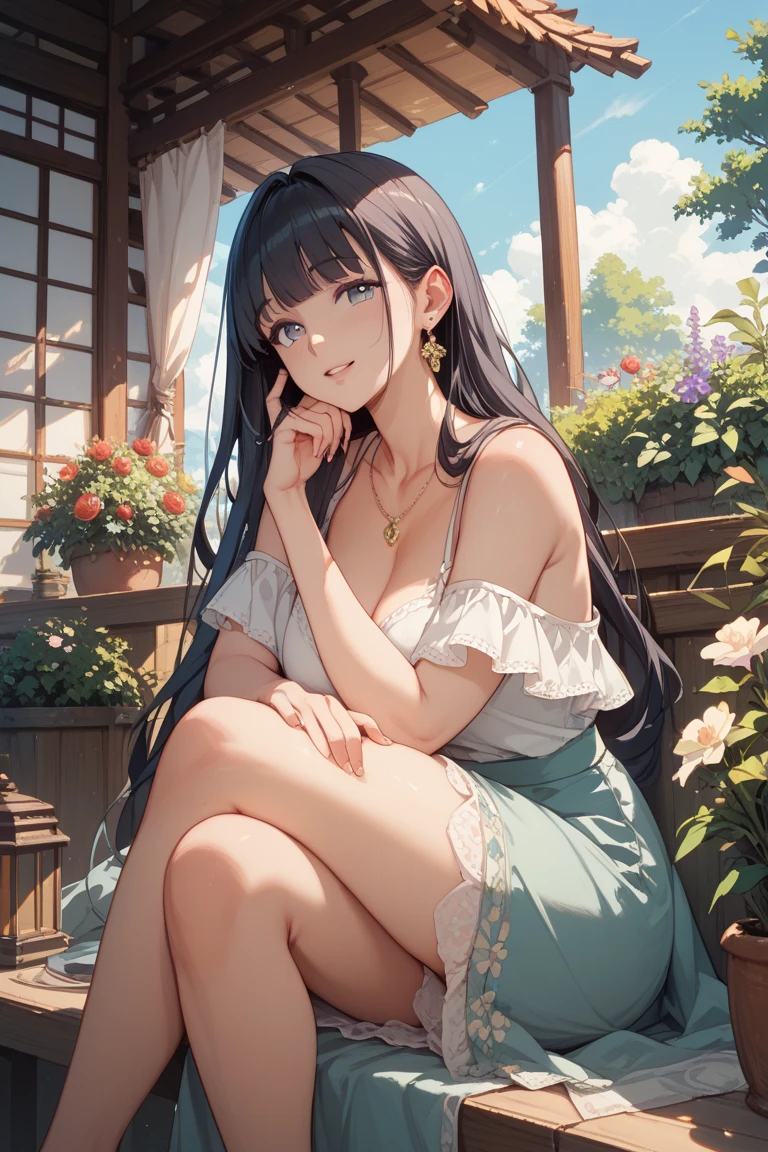 (High quality, High resolution, Fine details), Realistic, ((((Woman spinning and dress spreading)))), ((floral long dress)), flowing hair, soft lighting, outdoor setting, summer vibes, sunlight filtering through the trees, solo, curvy women, Black hair, sparkling eyes, (Detailed eyes), (smile), blush, Sweat, Oily skin, ((View from above)), shallow depth of field