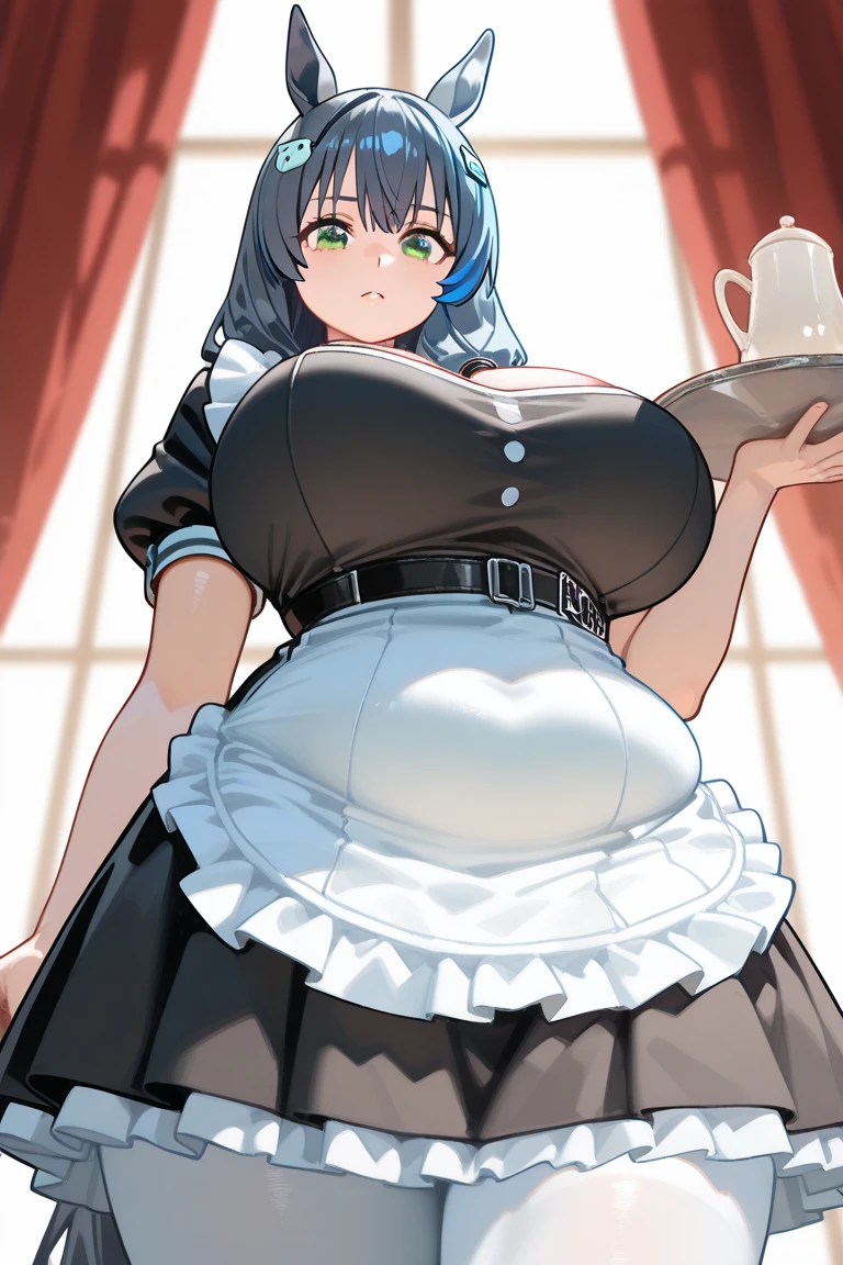 score_9, score_8_up, score_7_up, score_6_up, score_5_up, score_4_up, BREAK source_anime,((gigantic breast,nipple)),
1girl, solo, long hair, black hair, hair ornament, green eyes, hair between eyes, bangs, hair ribbon, white gloves, detached sleeves, bare shoulders,white thighhighs,(Heavy breathing,blush, sweat, Sweaty and wet all over,)half open eyes,glaring shyly,(nsfw,),((solo girl)),((Perfect body,))((Super beautiful,))((High quality,))((Heavy breathing,sweat, Sweaty and wet all over,))(Hotel room,)blush,shiny glossy,((gigantic breast,)) Looking at Viewer,cowboy shot,nipple,lovejuice dropping crotch,shyly,((Frilly headband, maid costume, black frilly micro bikini)),(lovejuice dropping pussy,)