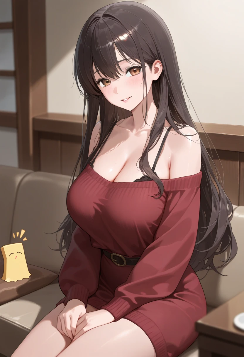 Hermosa milf cabello oscuro ojos rojos sonriendo gamer