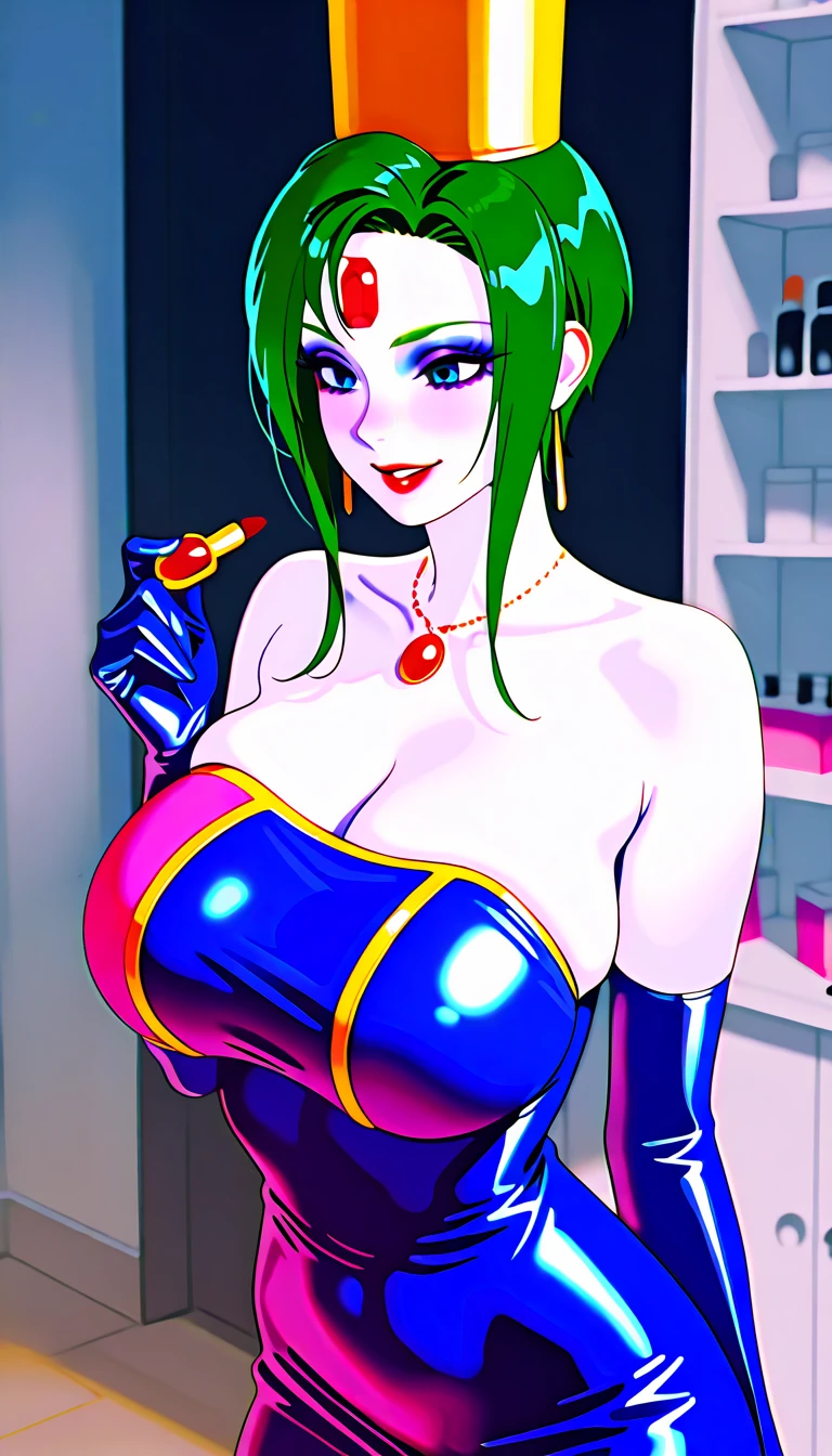 (masterpiece:1.2), (best quality), (ultra detailed), (8k, 4k, intricate), (upper body), (highly detailed:1.2),(detailed face:1.2), (detailed background), detailed landscape, ((portrait)), (arms on chest:1.2) lolaBS, 1girl, solo, gigantic breasts, smile, green hair, short hair, earrings, makeup, eyeshadow, lipstick, pearl necklace, blue eyes, strapless dress, pink dress, cleavage, elbow gloves, purple gloves, bracelet, indoors,