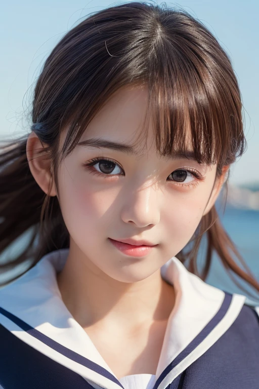 (One Girl), ((Very cute face)), Great face and eyes, (Highly detailed eyes, Highly detailed face), Fresh, Very beautiful appearance, (Ultra-realistic, High resolution), (highest quality:1.4), RAW Photos, (Realistic, Realistic:1.37), Professional photography , (Wet and see-through sailor uniform:1.1) , Smile a little, (look at me) , Portrait of a Girl , (gigantic breasts:1.3) , (((15 years old))) , ((junior high school student)), (light brown short hair:0.9) , (wavy hair:1.3) , (Nipples visible through sailor uniform:1.3) , (Please tilt your head a little) , Perfect nipples , ((Nipples are light pink )) , ((light pink areola)) , (sweating cleavage:1.2) , (cum on her breasts ) , (small nipples) , (upper body) , (lying down on the bed:1.3) , (young face:1.3) , (little girl:1.3) , (on your back:1.4) , (young face:1.3) , (bare breasts:1.5) , (see-through light pink strings bra:1.2)
