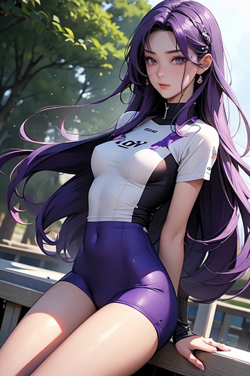 Girl with long purple hair, Slim, cuteface, little chest, Full-length, in long cycling shorts and a sports top