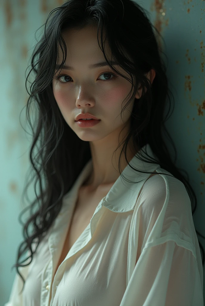 (Cinematic tones)(The film is in a cool gray tone)(Wet clothes:1.9),(Get wet all over your body:1.9),Top image quality, tmasterpiece, 超高分辨率, (Fidelity:1.4), photore,deluge, stunningly beautiful woman, (Sorrow), white shirt, dim murky lights, shadowy, Desperate, Pity, Pathetic, Cinematic, Tears, tear drop, (ripped clothing:1.5), (Wet clothes:1.4), bare shoulders, Real rain, wetting hair